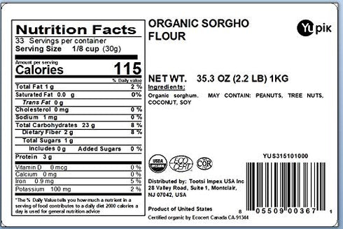2.2 lb (35.3 oz), Yupik Organic Sorghum Flour USDA Certified, Gluten-Free, Raw, Vegan, Kosher, Non-GMO, Mildly Sweet