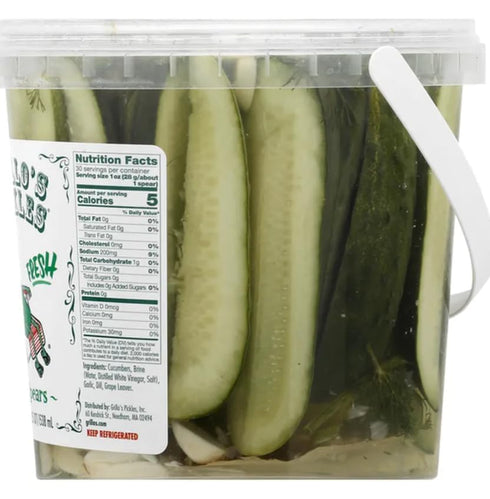 Generic 52 Oz, 5 Pickles Classic Dill Pickle Spears, Fl calories per serving. Gluten free. A fat free food, CUCUMBERS