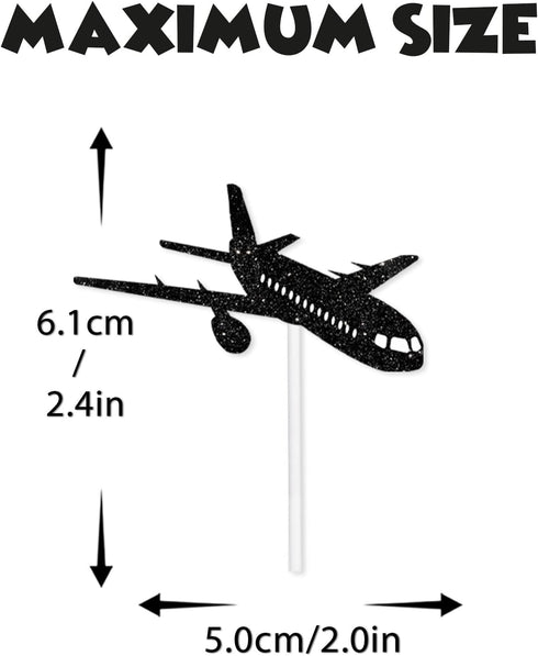 LETLIMIT 18pcs Black Glitter Silhouette Airplane Dessert Cupcake Topper Aviation Flying Theme Decorations Baby Shower