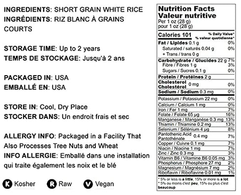 12 Food to Live Short-Grain White Rice, Pounds Premium Japanese Style Short-Grain, Perfectly Sticky, Vegan, Kosher