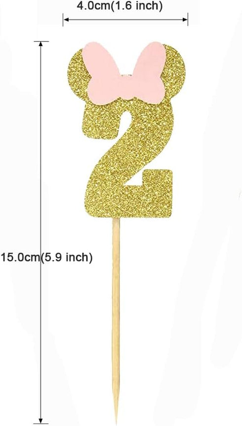 Morndew 24 PCS Gold Pink Glitter Number 2 Cupcake Toppers for Baby Girl Second Birthday Party Decorations