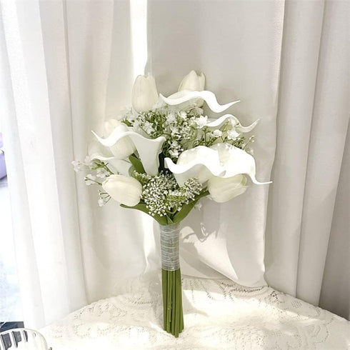 HXSCOO White Calla Lilies with Tulip Bridesmaid Bouquet Flowers Bouquet