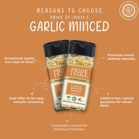 1.9 oz Pride of India Minced Garlic | Dried Minced Garlic in Reusable Shaker for Cooking, Dips, Garlic Butter, Sauces