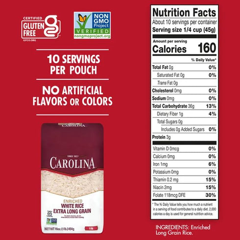 Carolina 16 Oz. Pack 3. Enriched Rice Extra Long Grain Gluten Free