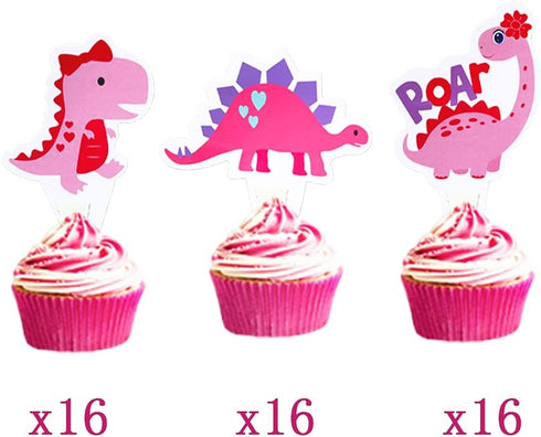 48pcs Pink Dinosaur Cupcake Toppers - Baby Shower Birthday Decorations for Girl Dinosaur Party Supplies Dinosaur Cake