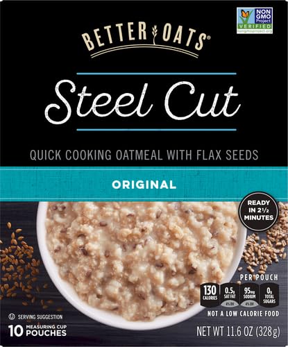 Packets, 10 (Pack 1) Better Oats Steel Cut Instant Oatmeal Original Flavor with Flax Seeds, Quick-Cooking Breakfast