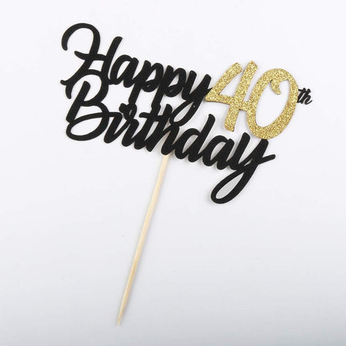 PALASASA Black Gold Glitter Happy Birthday Cake Topper, 40th Anniversary/Birthday Party Decoration
