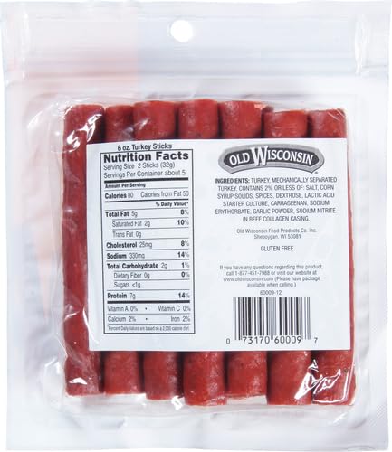 Old Wisconsin 6 Package Turkey Sausage Snack Sticks, Naturally Smoked, Ready to Eat, High Protein, Low Carb, Keto