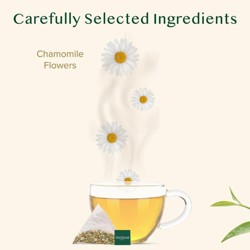 (100 100% VAHDAM, Chamomile Herbal Tea Pyramid Tea Bags) Resealable Ziplock Pouch | Caffeine Free, Non GMO, Gluten Free