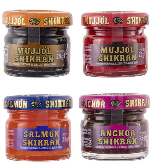 pack: 4 0.88 oz Eurocaviar - Shikran - Sampler x Mullet Roe Black Caviar Pearls + Mullet Roe Red Caviar Pearls + Smoked