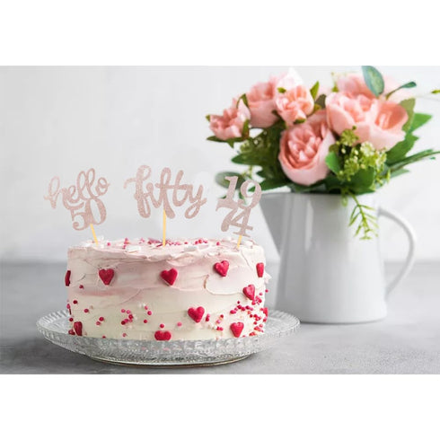 24 Pcs Rose Gold Glitter Cupcake Toppers for 50th Birthday Party Celebrations and Decorations