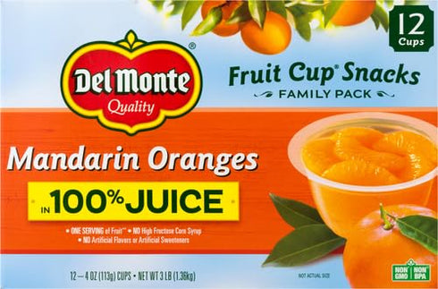 100% 12 Pack, 4 oz DEL MONTE Mandarin Oranges FRUIT CUP Snacks, in Juice