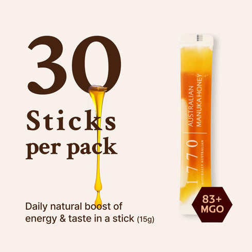 1770 83+ 30 15g, Naturally Australian MGO Manuka Honey Sticks x Organic Honey for Tea, Yogurt, & Travel Snacks