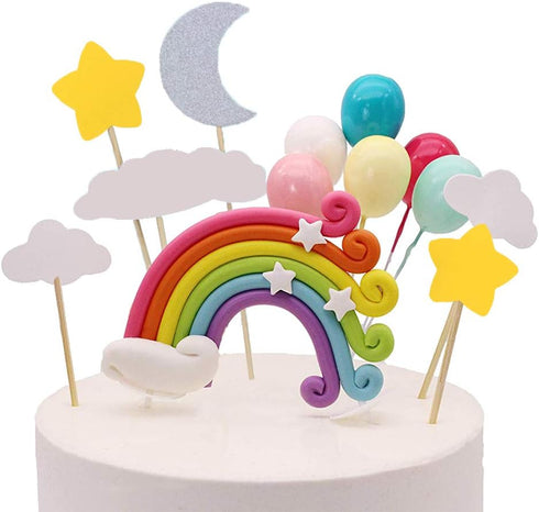 Palksky Colorful Rainbow Cake Topper/Wedding Cake Flags/Cupcake Picks Set - Includes Cloud Balloon Moon Stars