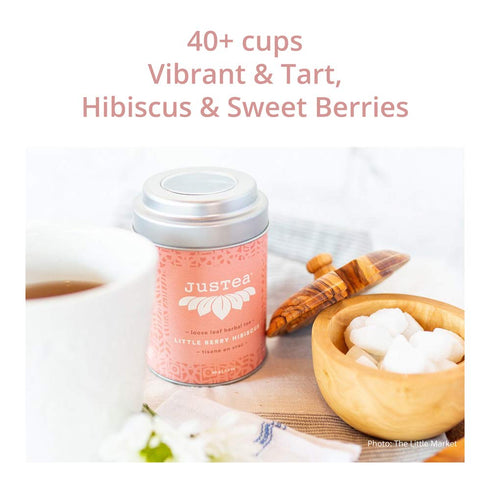 40+ (3.2oz) JusTea LITTLE BERRY HIBISCUS | Loose Leaf Herbal Tea | Tin with Hand Carved Tea Spoon | Cups | Caffeine