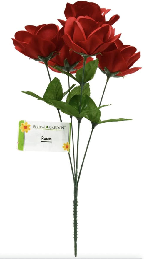 Generic 5-Stem 14 (2) Floral Garden Red and White Velvety Roses, in.
