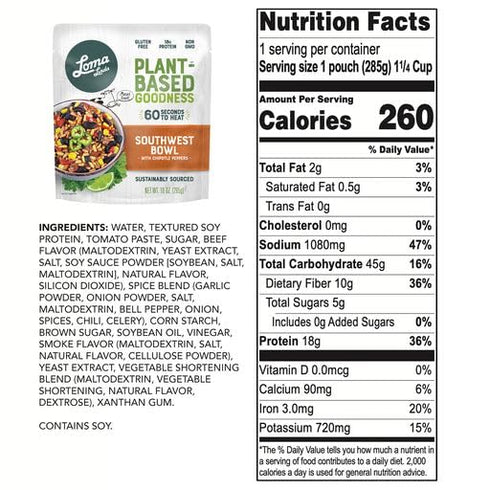 Packets (10 oz.), 6 pack) Loma Linda - Plant-Based Complete Meal Solution (Southwest Chipotle Bowl