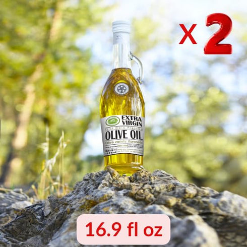 500ml (16.9 oz) Pack 2 KORVEL Greek Extra Virgin Olive Oil, Amphora Glass Bottle, fl of Premium EVOO for Cooking