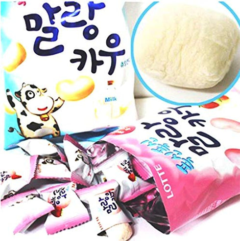 Korean Lotte Soft Malang Cow Fresh Grade Milk & Strawberry Milk Chewy Candy (Pack of 2) (2.78oz)