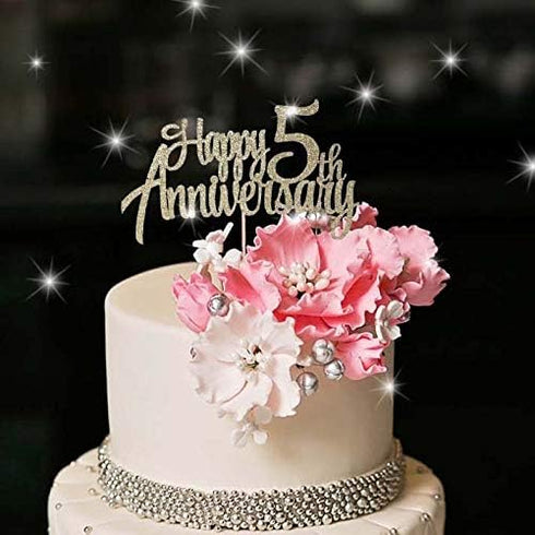 5th Anniversary Party Decoration, Gold Glitter Cake Topper