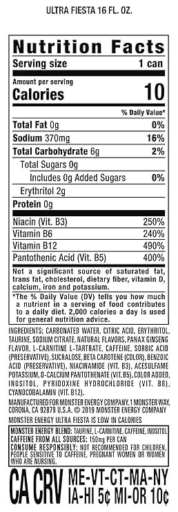 16 Oz (Pack 12) Monster Energy Drink, Ultra Fiesta, Can