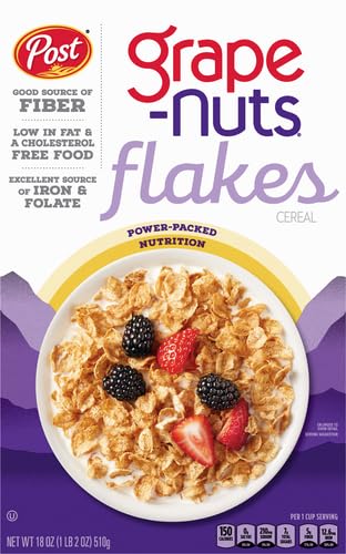 Grape-Nuts 18 OZ (Pack 4) Post Grape Nuts Flakes Breakfast Cereal, Crispy Whole Wheat and Barley Cereal, Great