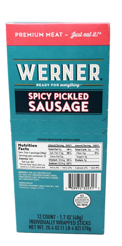 Pack 24 1.7 Werner Spicy Pickled Sausage of Pork & Beef Sausages Ounce Individually Wrapped Meat Snacks