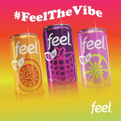 Pack 140mg 12 Oz (12-Pack) FEEL Variety Zero Sugar Natural Energy Drink Mixed Fruit Flavors, Plant-Based Caffeine +