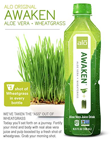 16.9 oz, Pack 12 ALO Aloe Vera Juice Drink | AWAKEN - Aloe Vera + Wheatgrass | fl of | Plant Based Drink with Real Aloe