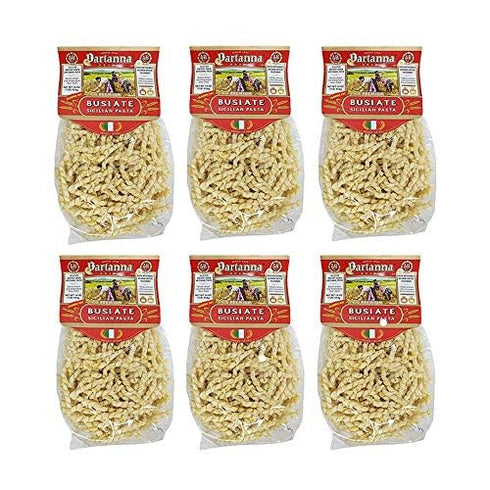 16 oz (Pack 6) Partanna Busiate Sicilian Artisanal Pasta Classic Cut -Bronze Cut - Durum Wheat Semolina- NON-GMO-Slow