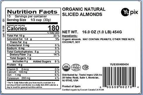 1 lb, Pack 1 Yupik Organic Sliced European Almonds With Skins, Unblanched, Gluten-Free, Kosher, Raw, Good Source
