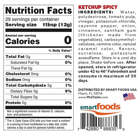 Mrs Taste Sugar Free Spicy Ketchup, Zero Calories, Zero Sodium, Zero Sugar, High Fiber, Keto Friendly, Paleo Friendly, Condiments and Sauces (12 oz, Spicy Ketchup)