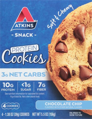 3g 1g 4 Count Atkins Chocolate Chip Protein Cookie, Protein Dessert, Rich in Fiber, Net Carb, Sugar, Keto Friendly