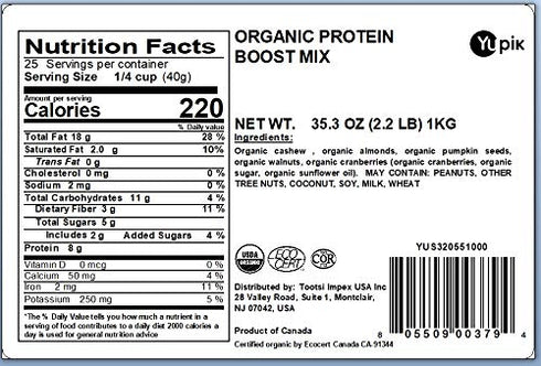 2.2 Lb, Pack 1 Yupik Organic Protein Boost Trail Mix, A Mix Of Cashews, Almonds, Pumpkin Seeds, Walnut, Cranberries