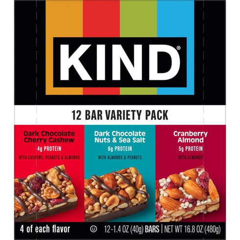Pack, 4-6g 12 Count KIND Healthy Snacks Bars Variety Gluten Free, High Fiber Snacks, Cranberry Almond, Dark Chocolate