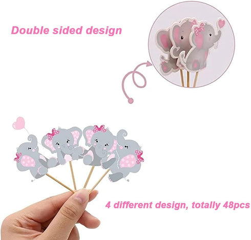 48pcs Pink Elephant Cupcake Toppers, Double Sided Picks for It's A Girl Cake Decorations for Birthday Baby Shower