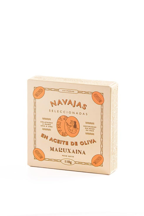 Pack 3 110g (3.88oz) Maruxaina. Razor Clams sampler. Three recipes. of tins. each.