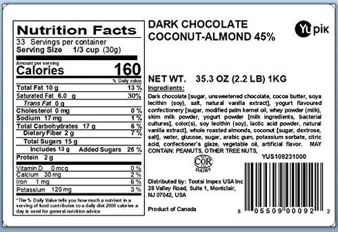 45% 2.2 lb (35.2 oz), Yupik Dark Chocolate & Coconut Coated Almonds, Gluten-Free, Kosher, Whole Roasted Nuts, Crunchy