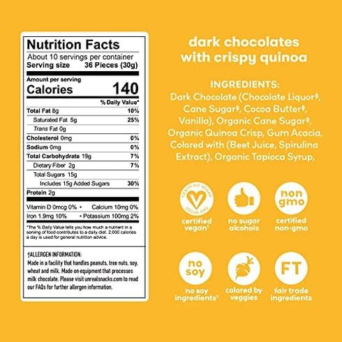 (3 11oz UNREAL Dark Chocolate Quinoa Gems Value Size Bags) | Vegan, Colors from Nature | Fair Trade, Non-GMO | Gluten