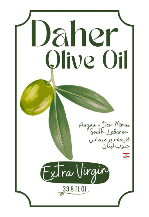 33.8 OZ Daher Olive Oil - FL - Premium Organic Extra Virgin - Cold Pressed - Southern Lebanon Region - Low acidity