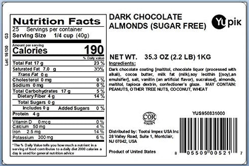 2.2 lb (35.2 oz), Yupik Sugar Free Dark Chocolate Almonds, Kosher, Dark Chocolate Covered Roasted Almonds, Nuts Dipped