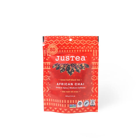 JusTea AFRICAN CHAI Loose Leaf Black Tea, Recyclable Refill Pouch, 40+ Cups (3.5oz), Medium Caffeine, Fair Trade