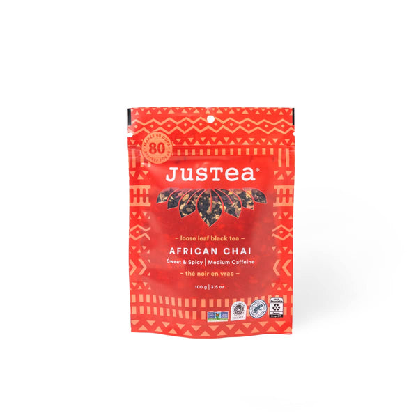 JusTea AFRICAN CHAI Loose Leaf Black Tea, Recyclable Refill Pouch, 40+ Cups (3.5oz), Medium Caffeine, Fair Trade