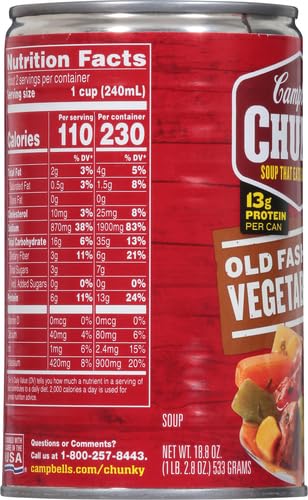 18.8 Oz Campbells Chunky Soup, Old Fashioned Vegetable Beef Soup, Can