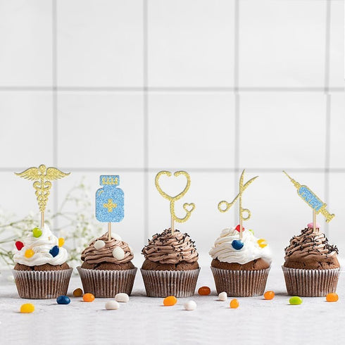 BoningNEW 24 Pcs Blue Gold Nursing Cupcake Toppers for Medical Rn Themed Cake Picks Nursing Themed Birthday Party