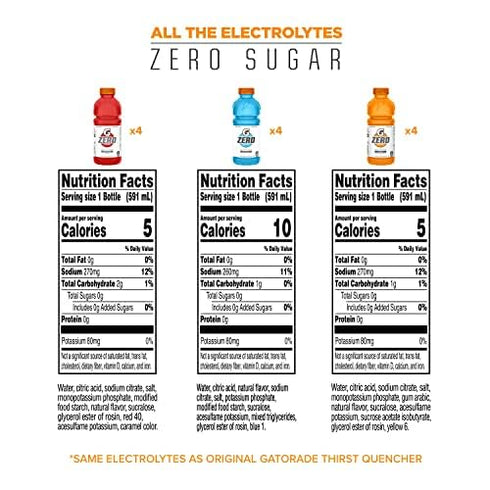 3 Pack, 20oz (12 Pack) Gatorade G Zero Thirst Quencher, Flavor Variety Bottles