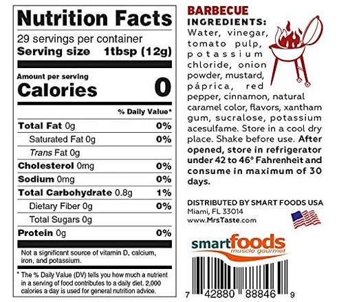 Mrs Taste Sugar Free BBQ, Zero Calories, Zero Sodium, Zero Sugar, High Fiber, Keto Friendly, Paleo Friendly, Condiments and Sauces (12 oz, BBQ)