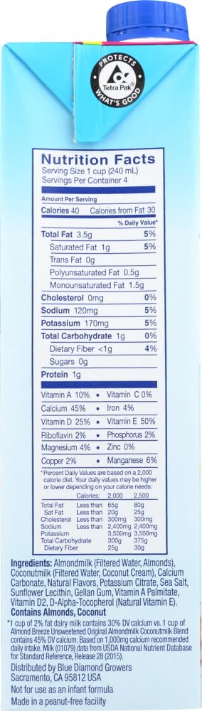32 oz. (Pack 2) Blue Diamond Growers - Breeze Almond Milk Unsweetened Almond Coconut - of by Blue Diamond Almonds