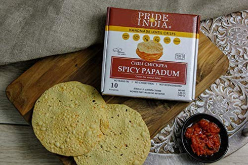 Pack 6-10 count (3.53oz 100gm) Pride Of India - Spicy Chickpea Masala Papadum Lentil Crisp, of Box - - Instant Popping