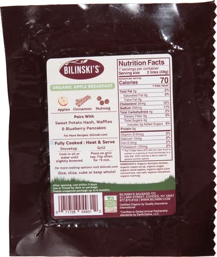 12 Bilinski, Organic Apple Chicken Breakfast Sausage, Ounce